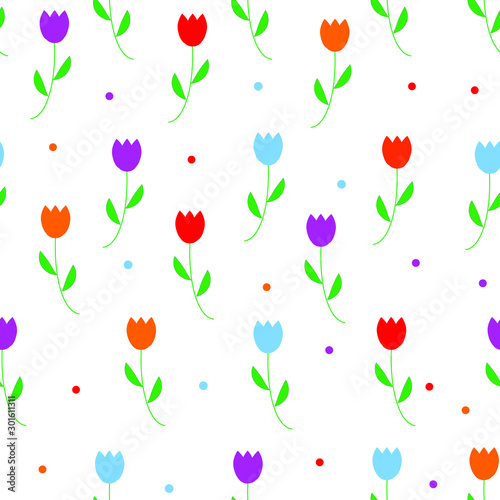 Seamless white background with flowers tulips. Multicolor flowers pattern.