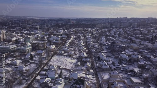 Top view of city in winter. Aerial drone videography concept. 4K. Kishinev, Republic of Moldova. photo