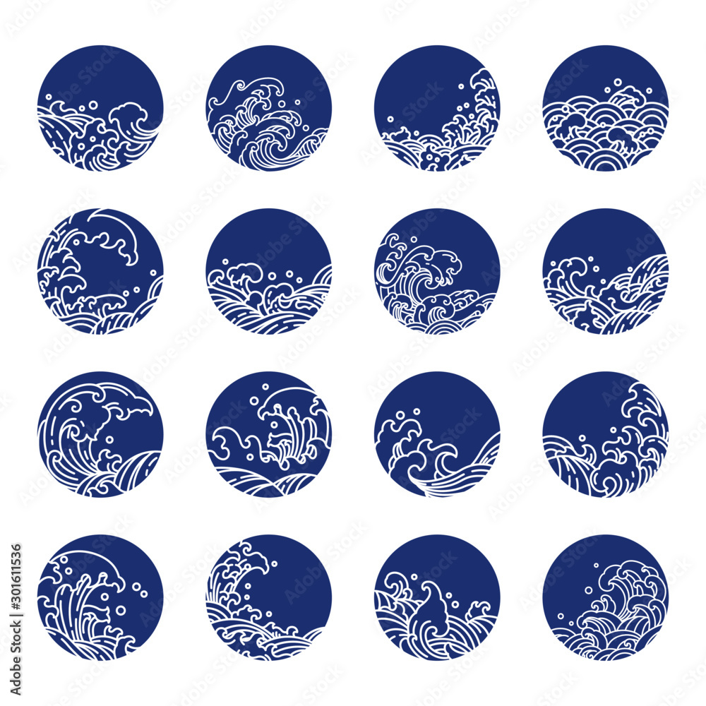 Japan wave line art vector collection set. Indigo and blue print style