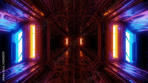 futuristic scifi space hangar tunnel corridor 3d illustration with abstract eye texture background wallpaper