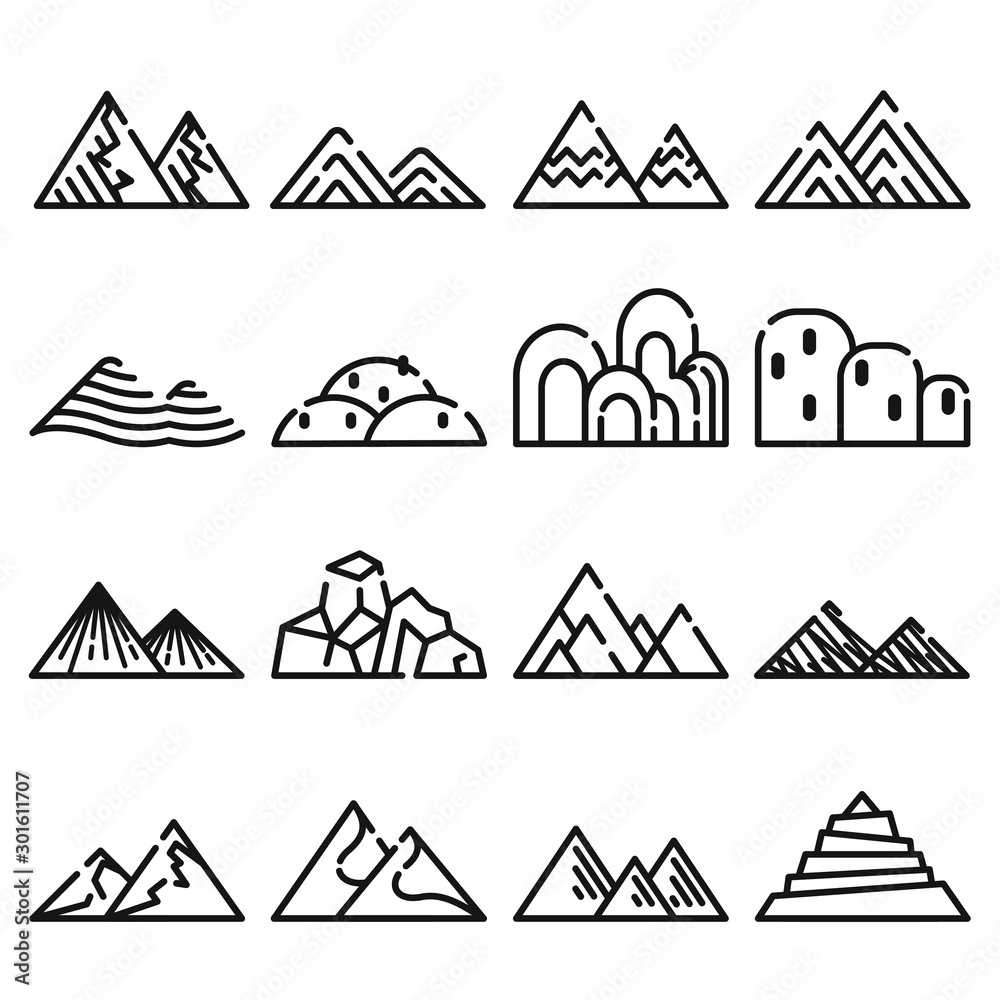 Mountain icon set on white background. Linear art - Vector illustration.