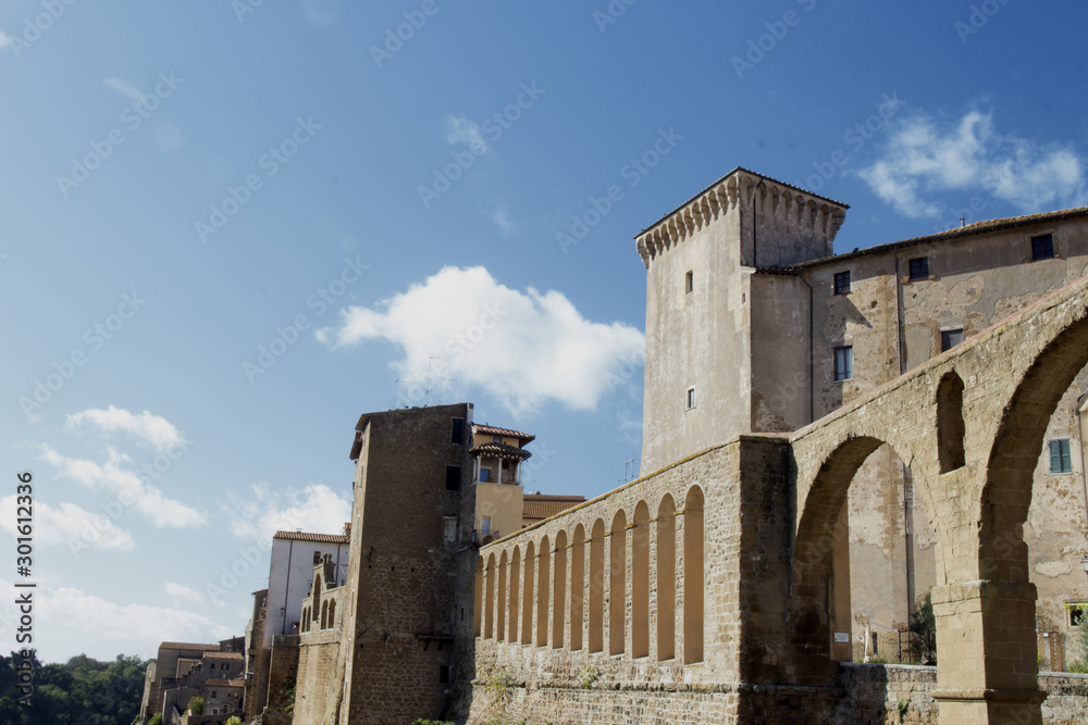 Pitigliano, one of the best town in Tuscany, Italy. Panoramic view of the defense wall around the city.