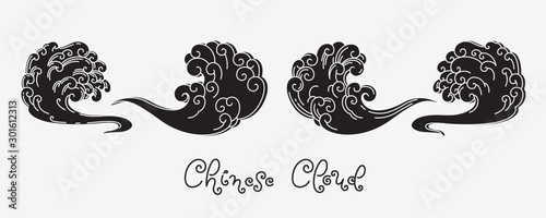 Chinese clouds silhouette line art. Creative wind smoke orient style.