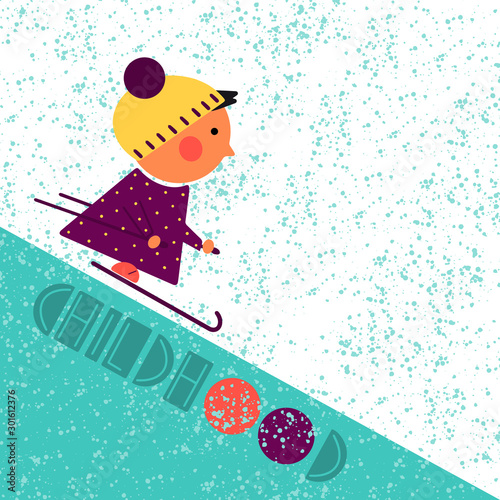 Cute little child in a yellow hat and a polka-dot violet coat enjoys skiing. Winter sports, winter acrivities. - Vector
