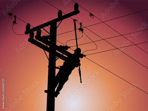 The silhouette of power lineman use clamp stick grip all type to install hotline clamp on energized high-voltage. The lead line is held onto the insulate hanger.