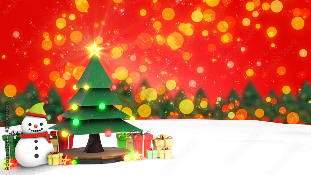 3D Render Background images of the Christmas and Happy New Year concept. There are Snowman, Christmas trees, gift boxes, and shining toys. On a beautiful red background. 3D Render Background images of the Christmas and Happy New Year concept. There are Snowman, Christmas trees, gift boxes, and shining toys. On a beautiful red background.