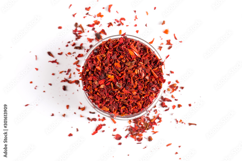 Crushed paprika in a glass bowl on a white background. Copy space concept. Crushed paprika in a glass bowl on a white background. Copy space concept.