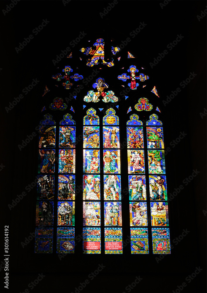 Prague, interior and stained glass windows of St. Vitus Cathedral