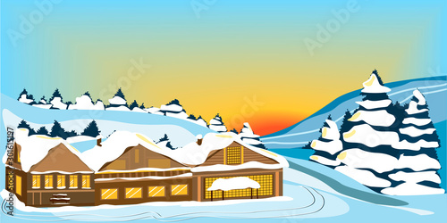 dawn in winter at the ski resort