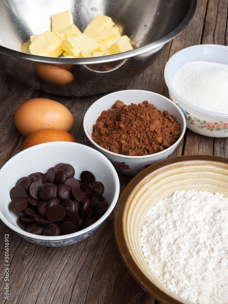 Brownies ingredients on wooden table. Top view with copy space. Brownies ingredients on wooden table. Top view with copy space.