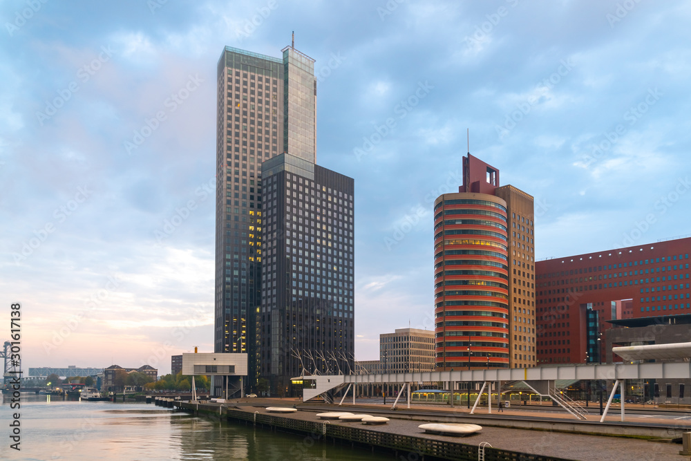 Downtown skyscrapers at the embankment of Maas river, Rotterdam.