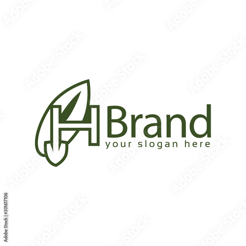 Letter H leaf with shovel logo template., flat design. letter H. Vector Illustration on white background 