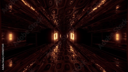 futuristic scifi space hangar tunnel corridor 3d illustration with abstract eye texture background wallpaper © Michael