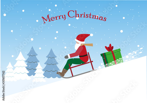 hristmas greetings with a Santa on a sledge going down a hill with a christmas gift