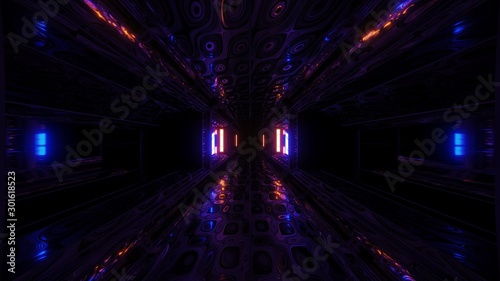 futuristic scifi space hangar tunnel corridor 3d illustration with abstract eye texture background wallpaper