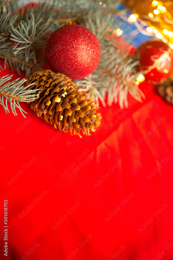 Christmas-tree decorations balls on a red background