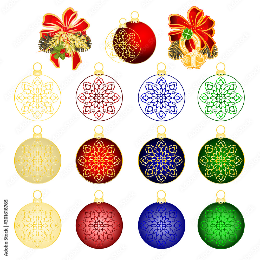Christmas engraved balls and and pine cones and  piggy on white background. Festive xmas decoration gold red blue green  glass vintage vector illustration editable hand draw