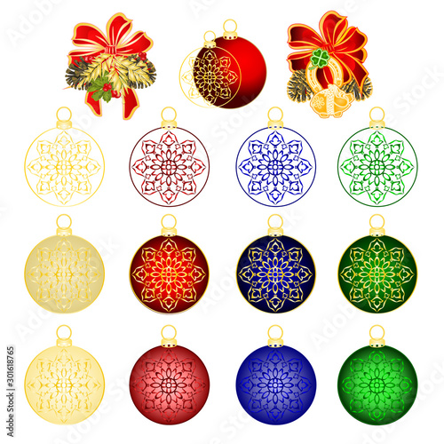 Christmas engraved balls and and pine cones and  piggy on white background. Festive xmas decoration gold red blue green  glass vintage vector illustration editable hand draw
