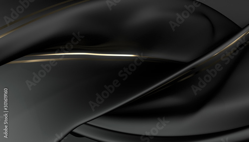 3D abstraction. Black satin with gold stripe. Rich abstract background. 3D rendering.
