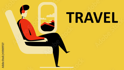 Vector illustration of a man sitting on armchair in an airplane and looking out the window