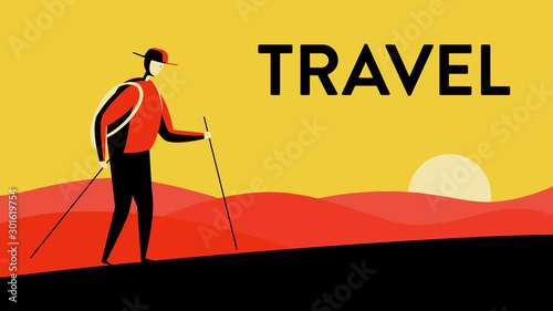 Vector illustration of a man in a hat, walking in the desert with walking sticks and bagpack in the sunset