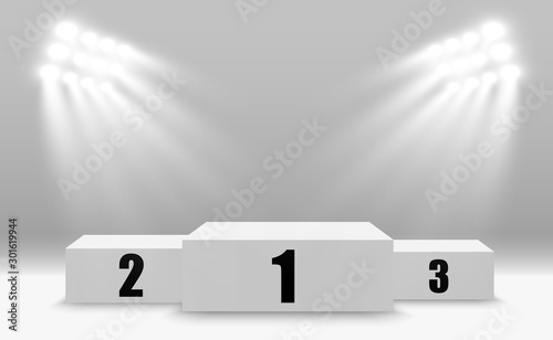 Realistic white podium with spotlights. Winner place. First place.