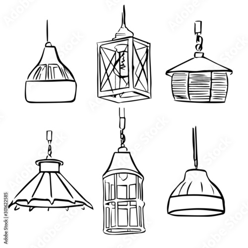 Set of sketched lamps and chandeliers isolated on white background in doodle style