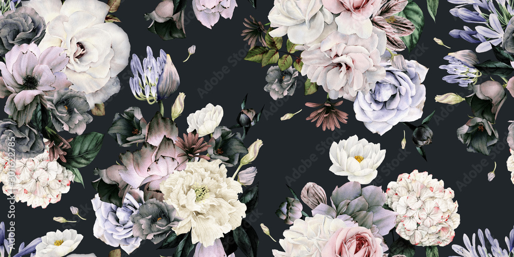 Seamless floral pattern with flowers, watercolor. - obrazy, fototapety, plakaty 