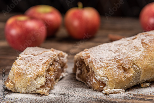 Traditional apple strudel with powdered sugar on wooden rustic background