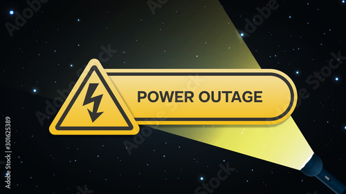 Power outage, logo on the background of the night suburb with flashlight