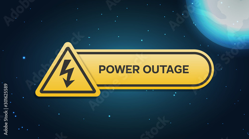 Power outage banner with a warning sign the one is on the background of the night city and bright moon and stars
