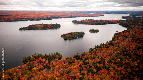 A lake and islands from above with the fall colours