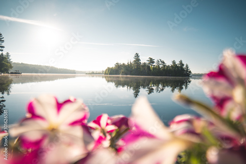 Sunrise coming up over an island