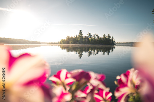 An island out on the lake with the sunrise