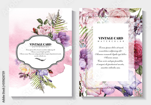 Greeting card with flowers, watercolor, can be used as invitation card for wedding, birthday and other holiday and  summer background.
