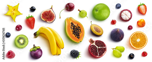 Mix of different fruits and berries, flat lay, top view
