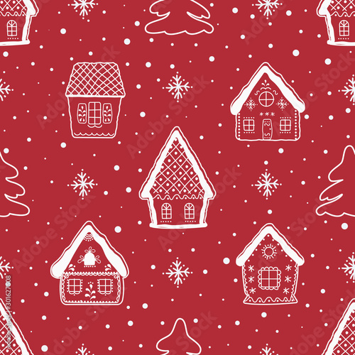 Christmas background. Seamless winter pattern with beautiful Christmas houses. White silhouettes of fabulous buildings, fir trees and snowflakes on a red background. Vector illustration