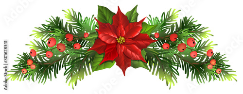 Christmas fir garland with poinsettia flower and red berries. Vector illustration.