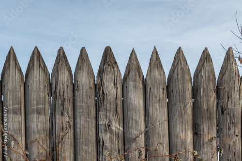 Beautiful horizontal texture of old gray boards with knots and hammered nails is on the blue sky background