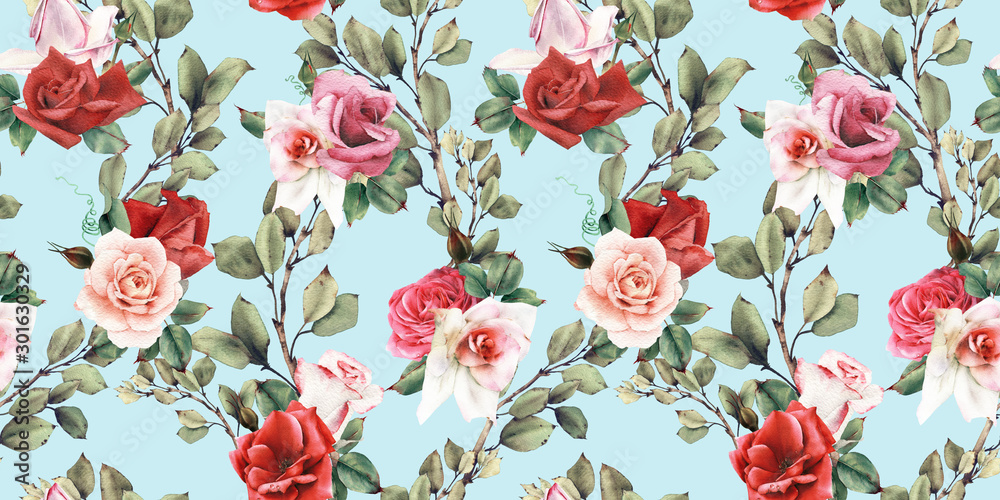 Seamless floral pattern with flowers, watercolor - obrazy, fototapety, plakaty 