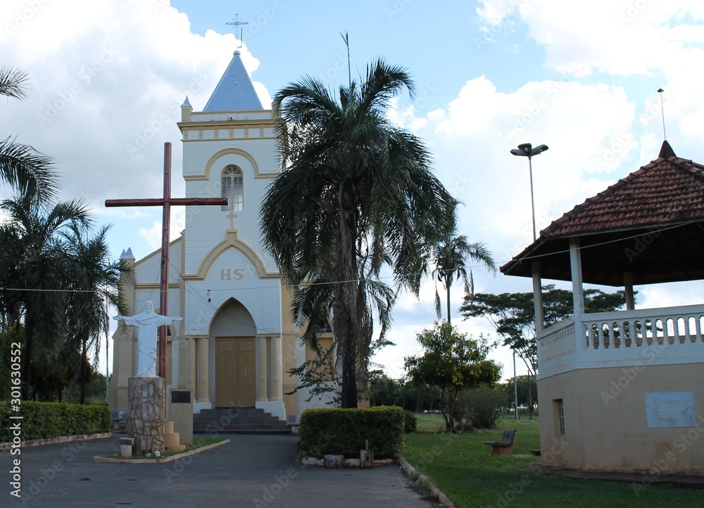 Old church and its square in a country town in Brazil  - Barretos - Ibitu
