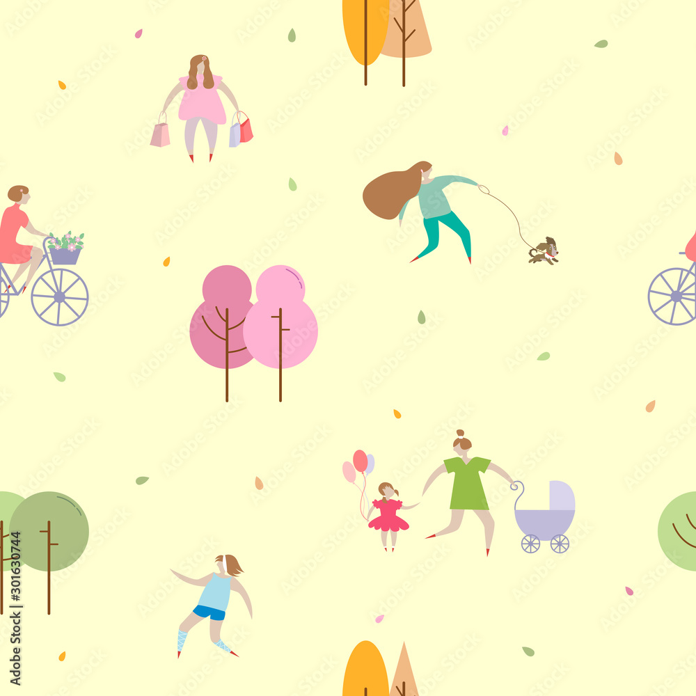 Summer Outdoor activities - women walk with children and stroller, with  dog, run, ride bicycle. Natural background. Original vintage design.  Cartoon colorful flat vector Stock Vector | Adobe Stock