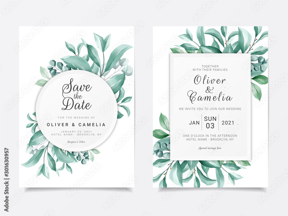 Delicate greenery wedding invitation card template set with elegant leaves  frame decoration. Floral background for save the date, invitation, greeting  card, poster, multi-purpose Stock Vector | Adobe Stock