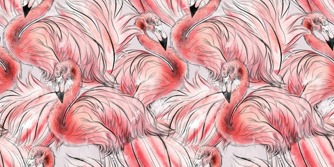Fotobehang Lichtroze patronen Aquarel flamingo patroon in pastelroze  © ola-la