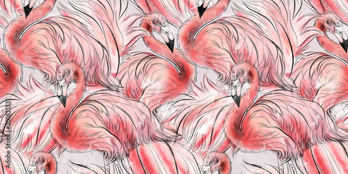 Seamless pattern with flamingo, watercolor.