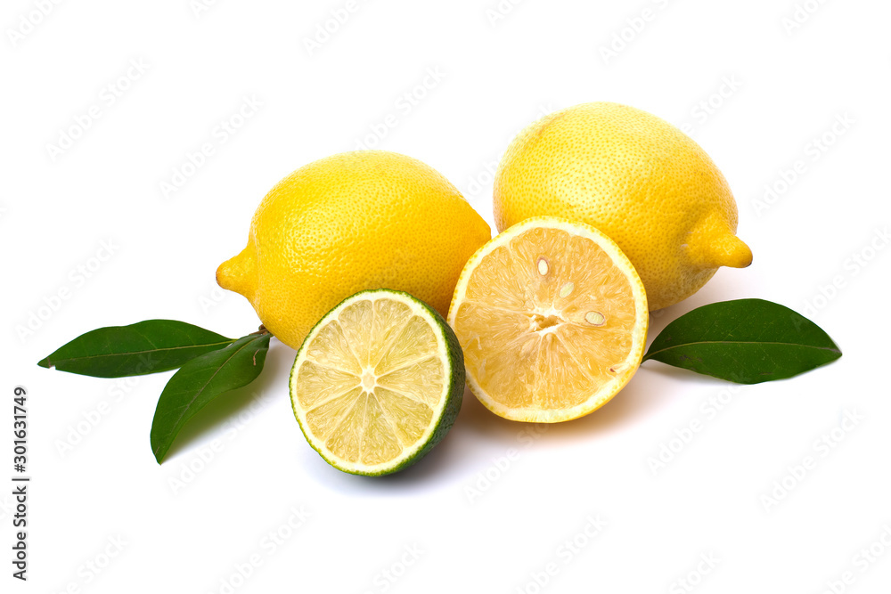 Lime and limon on a white background. Whole and halves limes isolated on white background. Yellow lemon with lime on isolated background. Full depth of field. Lime and limon on a white background. Whole and halves limes isolated on white background. Yellow lemon with lime on isolated background. Full depth of field.