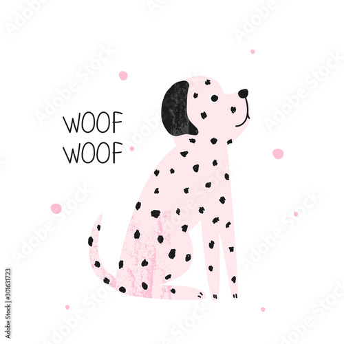 Pink dalmatian. Simple kids graphic. Vector hand drawn illustration.