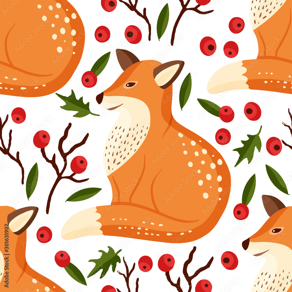 Plakat Cartoon fox cute vector illustration, forest clever funny animal seamless pattern.
