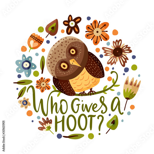 Cute cartoon vector owl round card in a flat style. Wild night bird postcard with floral botanical elements and flowers.