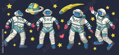 Huge vector clip art hand drawn astronaut collection. Spaceman cosmonaut science icon space set. People wearing spacesuits in different poses. Astronomy cosmos design.